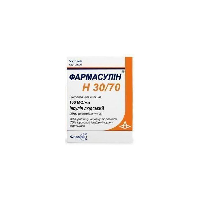 Фармасулін Н 30/70 суспензія для ін'єкцій 100 МЕ/мл картридж 3 мл №5  в аптеці