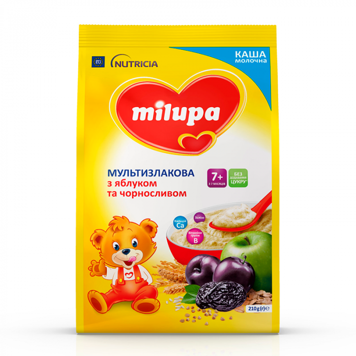 Каша Milupa молочная сухая быстрорастворимая мультизлаковая с яблоком и черносливом для детей от 7 месяцев 210 г ціна