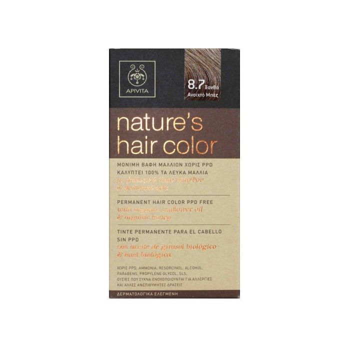Фарба для волосся Apivita Натуральна колір світло-русий із бежевим відтінком №8,7  фото