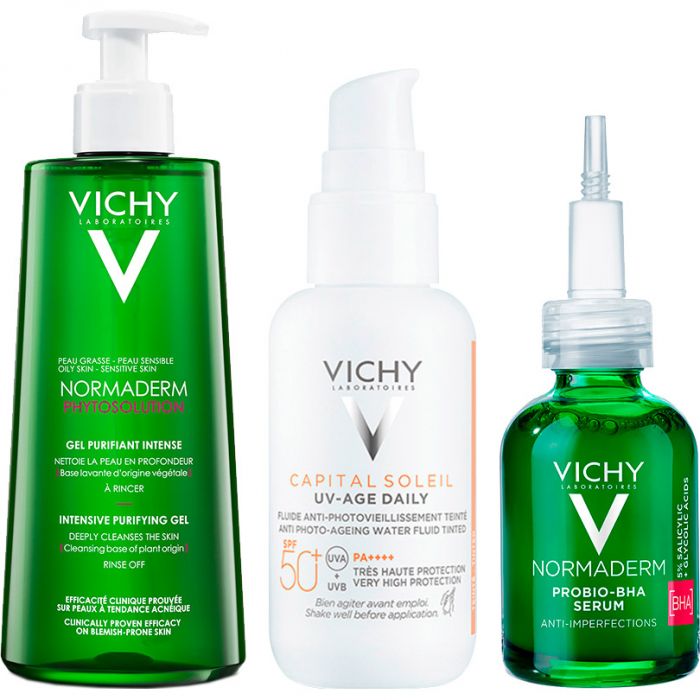 Набір Vichy Normaderm (Гель Phytosolution для очищення жирної шкіри 400 мл+Сироватка-пілінг для корекції недоліків 30 мл+Флюїд сонцезахисний проти ознак фотостаріння SPF50+ 40 мл) в інтернет-аптеці