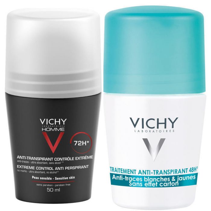 Промо-набір Vichy з 2-х кулькових дезодорантів екстра-сильної дії для чоловіків і дезодорант проти білих і жовтих плям для жінок -40% на другий в аптеці