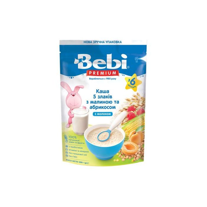 Каша Bebi Premium молочна 5 злаків, малина, абрикос, з 6 місяців 200 г замовити