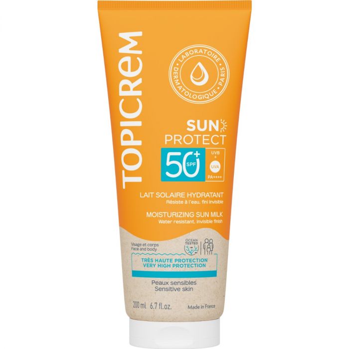 Молочко для обличчя та тіла Topicrem (Топікрем) Sun Protect SPF50+ зволожуюче сонцезахисне, 200 мл - фото №1 Молочко для обличчя та тіла Topicrem (Топікрем) Sun Protect SPF50+ зволожуюче сонцезахисне, 200 мл в інтернет-аптеці