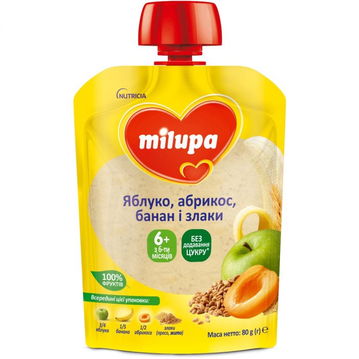 Пюре Milupa фруктове яблуко, абрикос, банан та злаки, від 6 місяців, 80 г в аптеці