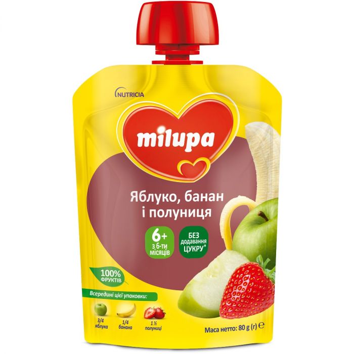 Пюре Milupa Яблуко банан полуниця, з 6 місяців, 80 г в Україні