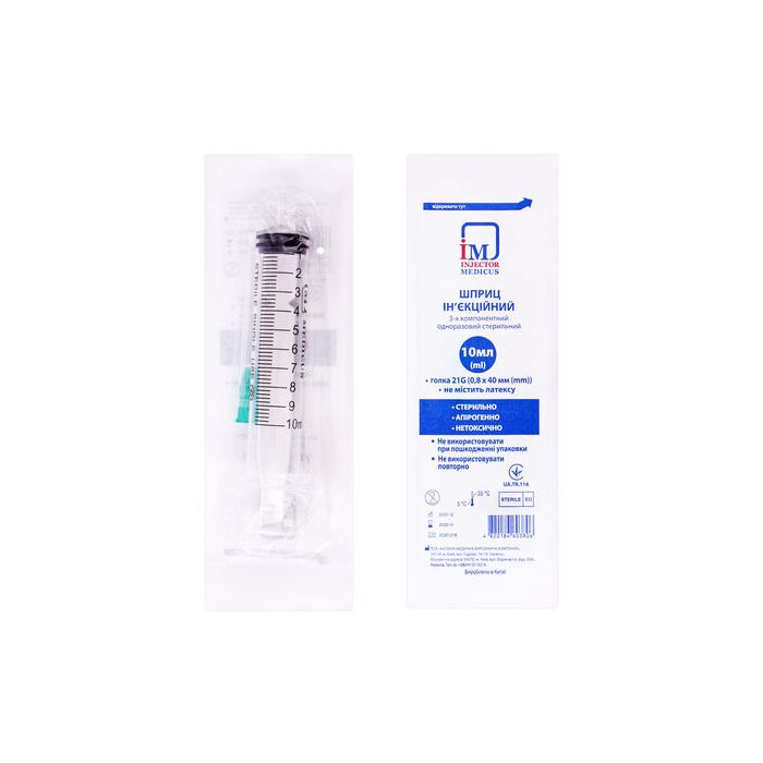 Шприц Injector Medicus 10 мл 3-х компонентный с иглой 21G (0,8 x 40 мм), 1 шт. недорого
