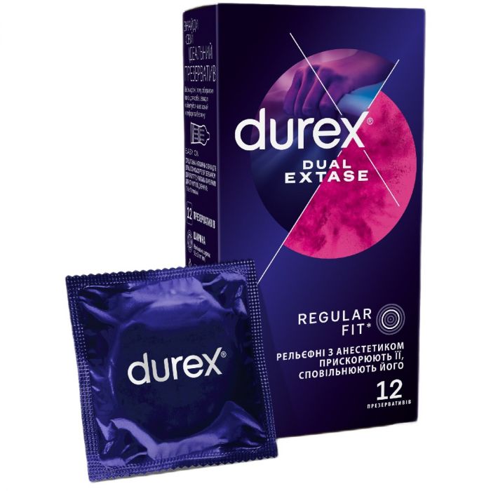 Презервативи Durex Dual Extase рельєфні з анестетиком №12 недорого