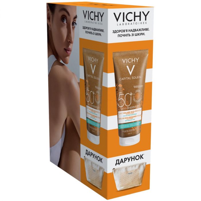 Набір Vichy (Віши)  Капітaль Солей (Сонцезахисне зволожуюче молочко для шкіри обличчя та тіла, SPF 50+, картонна туба 200 мл + Косметичка) недорого