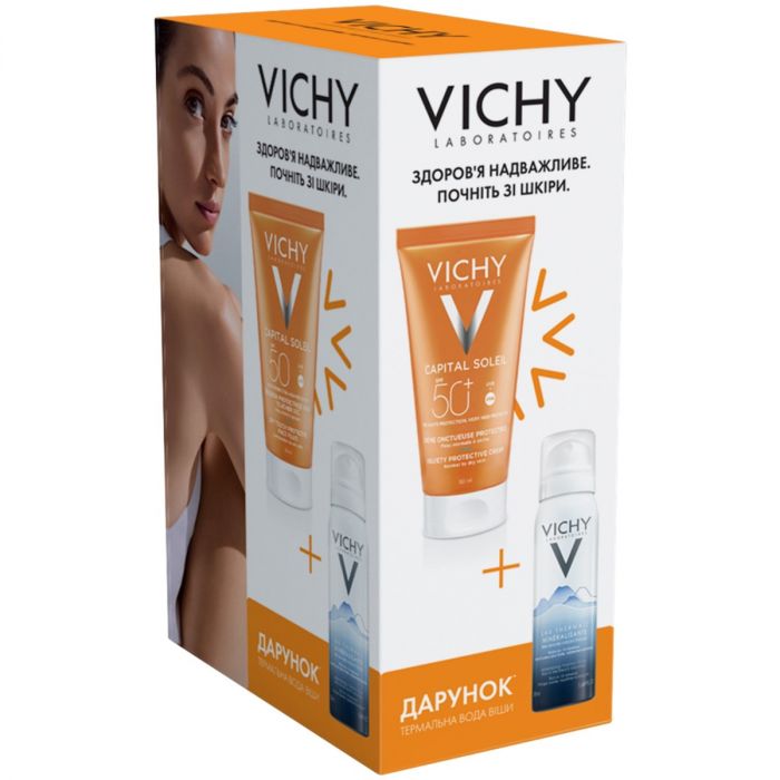Набір Vichy (Віши) Капіталь Солей (Сонцезахисний крем для нормальної та сухої чутливої шкіри обличчя, 50 мл  + Термальна вода 50 мл) ціна