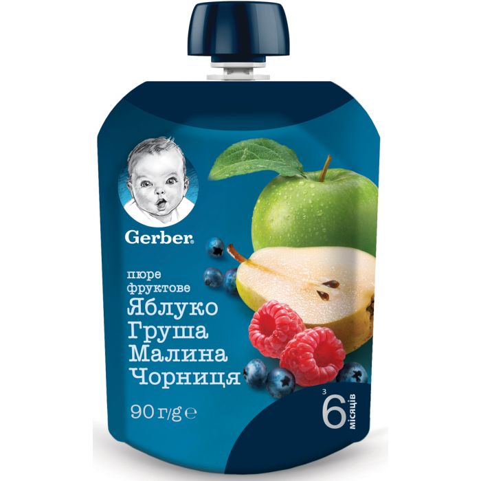 Пюре Gerber Яблоко, груша, малина, черника (с 6 месяцев) 90 г фото