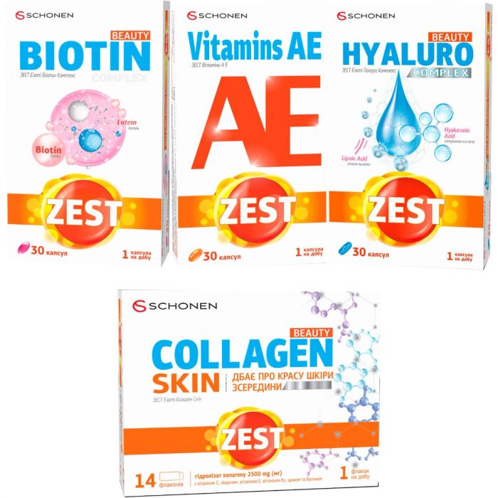 Набір Zest: Beauty Collagen Skin №14 + Beauty Biotin Complex №30 + Beauty Hyaluro Complex №30 + Vitamins А Е №30 фото