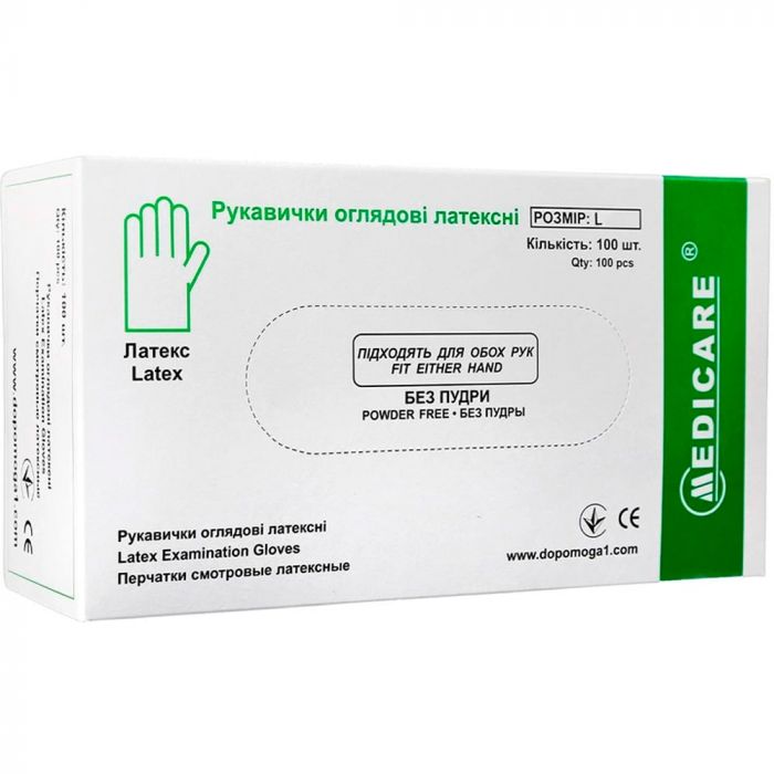 Перчатки Medicare (Медикеа) смотровые латексные нестерильные неприпудренные р.L №100 в аптеке