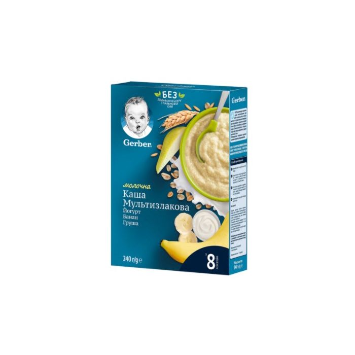 Каша суха молочна швидкорозчинна Gerber мультизлакова з йогуртом, бананом та грушею для дітей з 8 місяців в Україні
