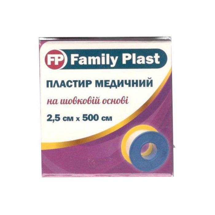 Пластир FamilyPlast медичний на шовковій основі коробка з картону з підвісом 2,5 см*500 см    в аптеці
