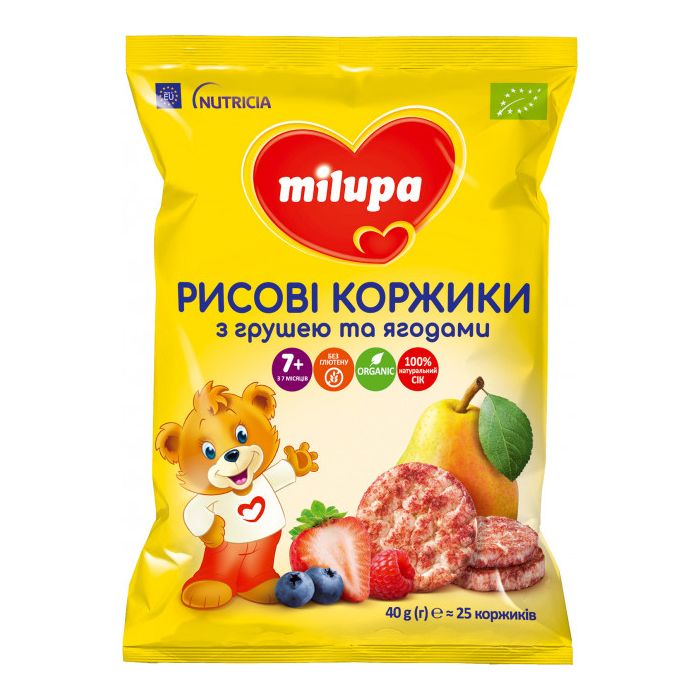 Рисові коржики Milupa (Мілупа) з грушею та ягодами для харчування дітей від 7 місяців 40 г в інтернет-аптеці