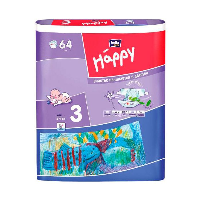 Подгузники Happy Midi 3 (5-9 кг), 64 шт. в Украине
