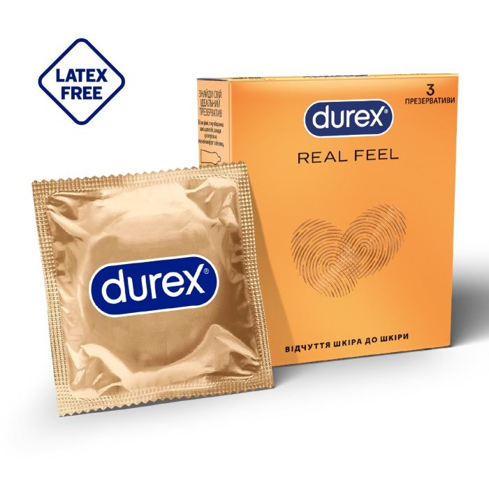 Презервативы из синтетического латекса с силиконовой смазкой DUREX Real Feel (натуральные ощущения), 3 шт. (безлатексные)