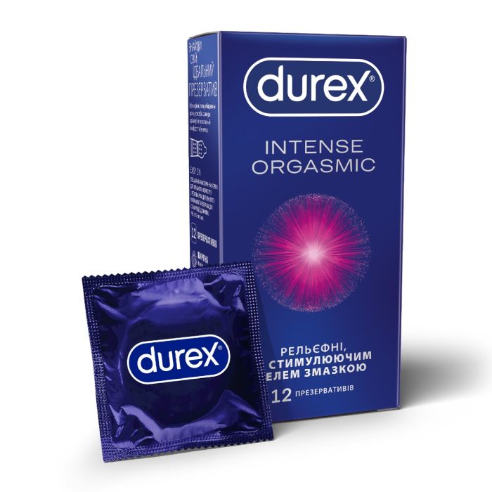 Презервативы латексные с силиконовой смазкой DUREX Intense Orgasmic (рельефные, со стимулирующим гелем-смазкой), 12 шт.