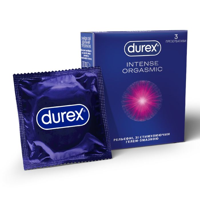 Презервативы латексные с силиконовой смазкой DUREX Intense Orgasmic (рельефные, со стимулирующим гелем-смазкой), 3 шт.