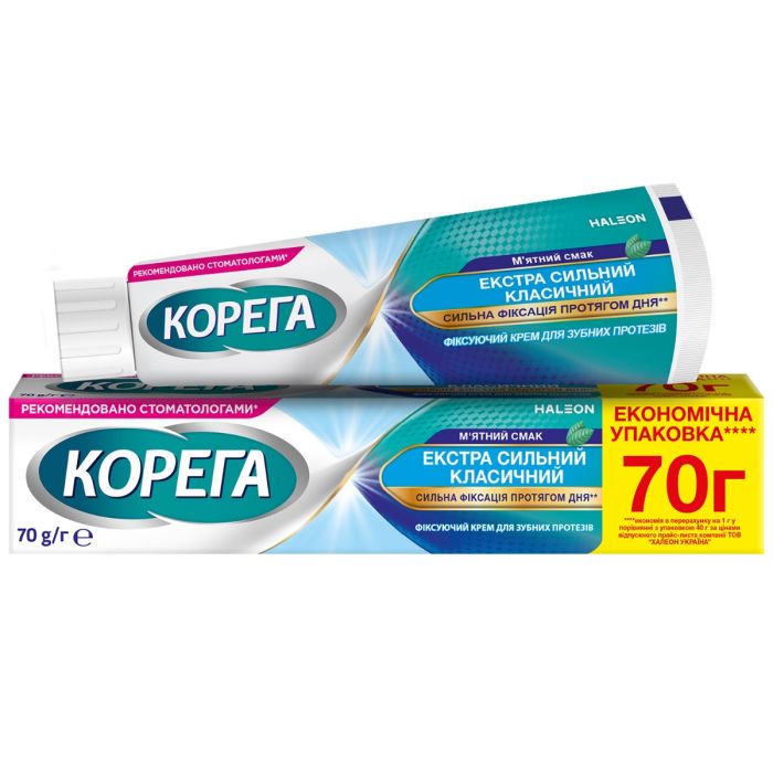 Фиксирующий крем для зубных протезов Корега Экстра Сильный Классический Мятный Вкус 70 г