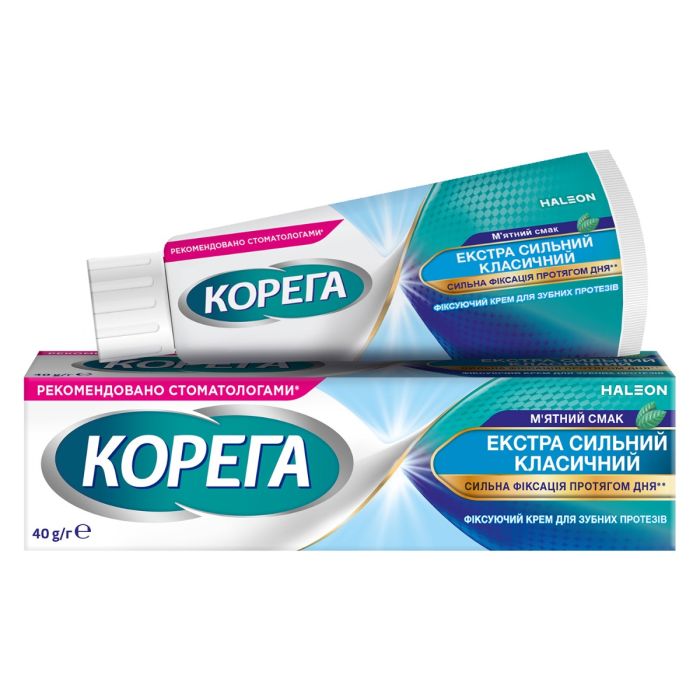 Фиксирующий крем для зубных протезов Корега Экстра Сильный Классический Мятный Вкус 40 г