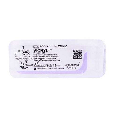 Шовний матеріал Vicryl 1-0, фіолетовий, 75 см, колюча голка 50 мм, 1/2 кола, W9251 в місті Вишгород : ціни, характеристика.  - фото №1 Шовний матеріал Vicryl 1-0, фіолетовий, 75 см, колюча голка 50 мм, 1/2 кола, W9251 в місті Вишгород : ціни, характеристика.