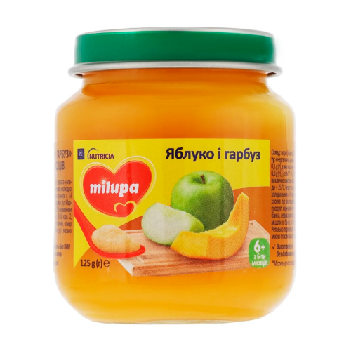 Пюре Milupa фруктове яблуко, персик, гарбуз для дітей 6 місяців в місті Глобине : ціни, характеристика.  - фото №1 Пюре Milupa фруктове яблуко, персик, гарбуз для дітей 6 місяців в місті Глобине : ціни, характеристика.