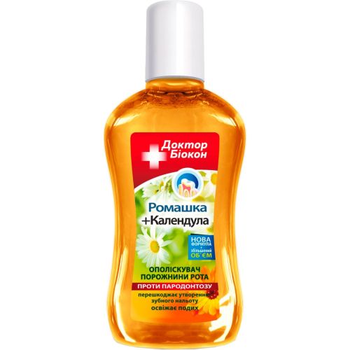 Ополіскувач порожнини рота Доктор Біокон Ромашка та календула проти пародонтозу, 300 мл в місті Богородчани : ціни, характеристика.  - фото №1 Ополіскувач порожнини рота Доктор Біокон Ромашка та календула проти пародонтозу, 300 мл в місті Богородчани : ціни, характеристика.