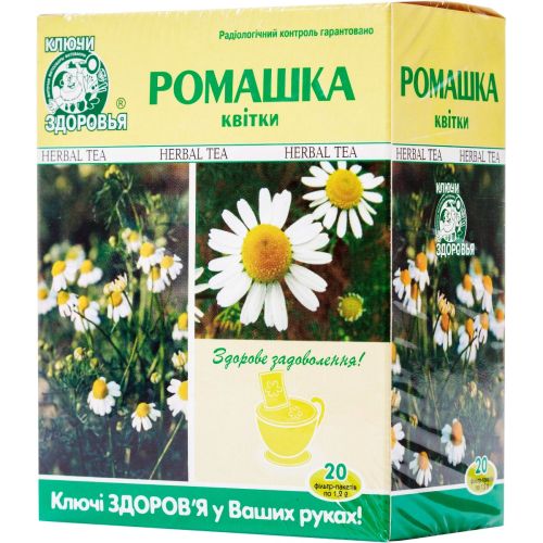 Фіточай Ключі Здоров'я Ромашка №31 1,2 г фільтр-пакет №20 в місті Софіївка : ціни, характеристика.  - фото №1 Фіточай Ключі Здоров'я Ромашка №31 1,2 г фільтр-пакет №20 в місті Софіївка : ціни, характеристика.