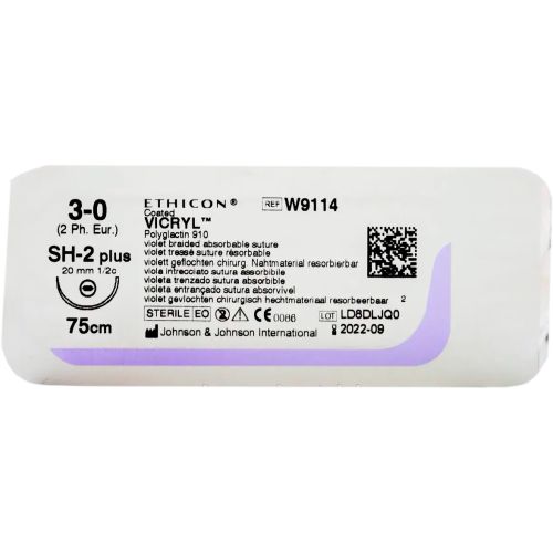 Вікрил фіолетовий (3-0) M2, 75 см, голка колюча SH-2 Plus, 20 мм, 1/2 кола (W9114) в місті Вишгород : ціни, характеристика.  - фото №1 Вікрил фіолетовий (3-0) M2, 75 см, голка колюча SH-2 Plus, 20 мм, 1/2 кола (W9114) в місті Вишгород : ціни, характеристика.