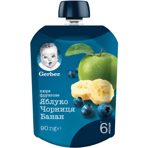 Пюре Gerber яблуко, чорниця, банан 90 г в аптеці - фото №1 Пюре Gerber яблуко, чорниця, банан 90 г в аптеці