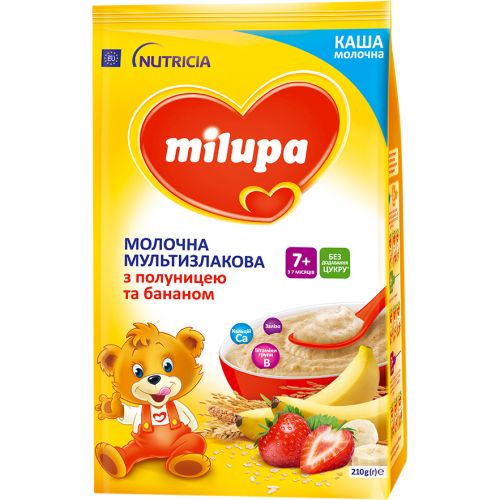 Каша молочная мультизлаковая Milupa с клубникой и бананом от 7 месяцев, 210 г в городе Софиевка : цены, характеристики.  - фото №1 Каша молочная мультизлаковая Milupa с клубникой и бананом от 7 месяцев, 210 г в городе Софиевка : цены, характеристики.