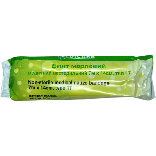 Бинт марлевий медичний Medicare нестерильний 7 м х 14 см, тип марлі 17, 1 шт. в місті Канів : ціни, характеристика.  - фото №1 Бинт марлевий медичний Medicare нестерильний 7 м х 14 см, тип марлі 17, 1 шт. в місті Канів : ціни, характеристика.