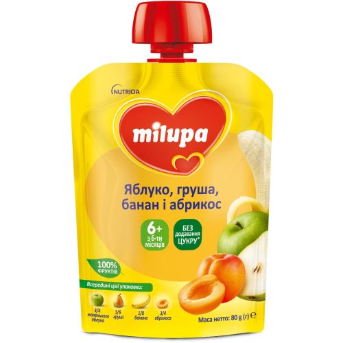 Пюре фруктове Milupa Яблуко груша банан абрикос, з 6 місяців, 80 г недорого - фото №1 Пюре фруктове Milupa Яблуко груша банан абрикос, з 6 місяців, 80 г недорого