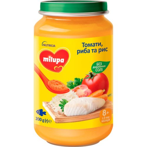 Пюре овощно-рыбное Milupa (Милупа) Томаты, рыба и рис, от 8 месяцев, 200 г в городе Рахов : цены, характеристики.  - фото №1 Пюре овощно-рыбное Milupa (Милупа) Томаты, рыба и рис, от 8 месяцев, 200 г в городе Рахов : цены, характеристики.