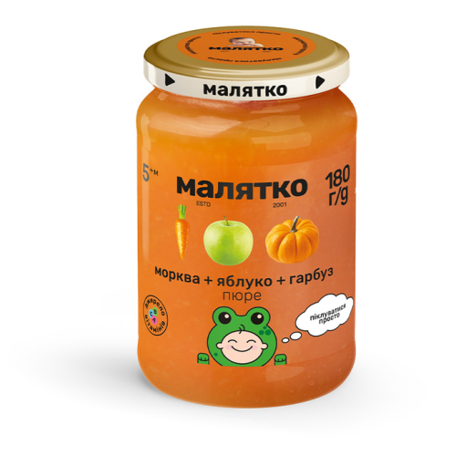 Пюре фруктово-овощное Малятко морковь, тыква и яблоко 180 г в городе Рахов : цены, характеристики.  - фото №1 Пюре фруктово-овощное Малятко морковь, тыква и яблоко 180 г в городе Рахов : цены, характеристики.