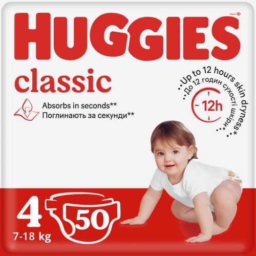 Підгузки Huggies Classic р.4 (7-18 кг), 50 шт. в місті Вишгород : ціни, характеристика.  - фото №1 Підгузки Huggies Classic р.4 (7-18 кг), 50 шт. в місті Вишгород : ціни, характеристика.