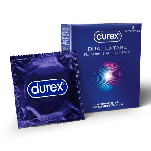Презервативы латексные с силиконовой смазкой DUREX Dual Extase (рельефные с анестетиком), 3 шт. в городе Кривой Рог : цены, характеристики. - фото №1 Презервативы латексные с силиконовой смазкой DUREX Dual Extase (рельефные с анестетиком), 3 шт. в городе Кривой Рог : цены, характеристики.