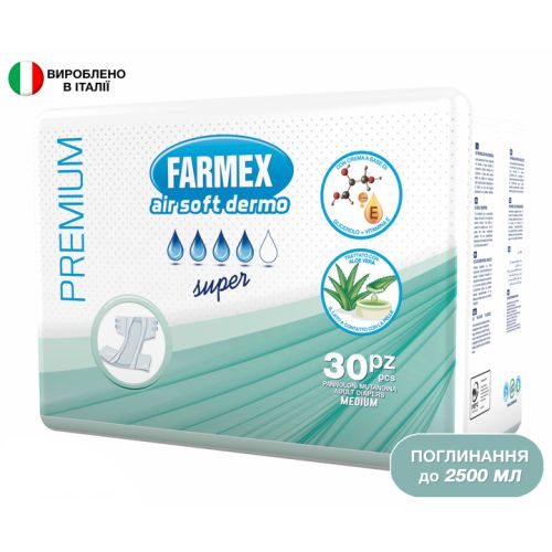 Подгузники для взрослых Farmex Premium Air Soft Dermo Super р.M №30 в городе Вышгород : цены, характеристики.  - фото №1 Подгузники для взрослых Farmex Premium Air Soft Dermo Super р.M №30 в городе Вышгород : цены, характеристики.