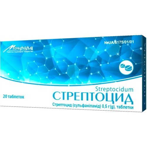 Стрептоцид 0,5 г таблетки №20 в місті Вишгород : ціни, характеристика.  - фото №1 Стрептоцид 0,5 г таблетки №20 в місті Вишгород : ціни, характеристика.