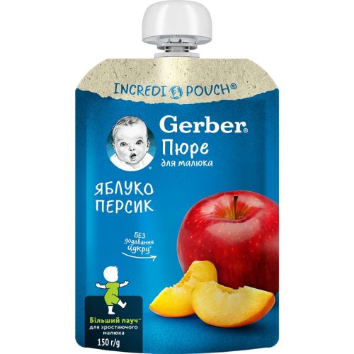 Пюре фруктове Gerber Яблуко, персик, 150 г в аптеці - фото №1 Пюре фруктове Gerber Яблуко, персик, 150 г в аптеці