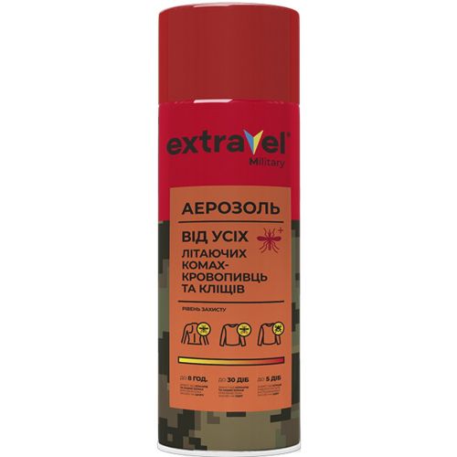 Аерозоль Extravel Military від усіх літаючих комах-кровопивць і кліщів 125 мл в місті Вишгород : ціни, характеристика.  - фото №1 Аерозоль Extravel Military від усіх літаючих комах-кровопивць і кліщів 125 мл в місті Вишгород : ціни, характеристика.