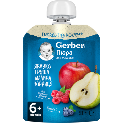 Пюре Gerber яблуко, груша, малина, чорниця (з 6 місяців) 90 г  в місті Житомир : ціни, характеристика.  - фото №1 Пюре Gerber яблуко, груша, малина, чорниця (з 6 місяців) 90 г  в місті Житомир : ціни, характеристика.