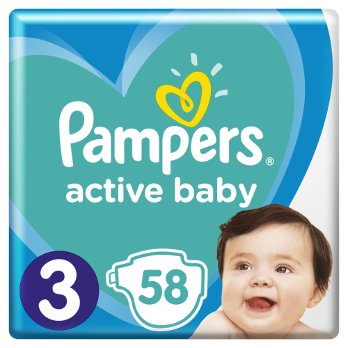 Подгузники Pampers Active Baby-Dry Midi р.3 (6-10 кг) 58 шт в Киеве : цены, характеристики.  - фото №1 Подгузники Pampers Active Baby-Dry Midi р.3 (6-10 кг) 58 шт в Киеве : цены, характеристики.