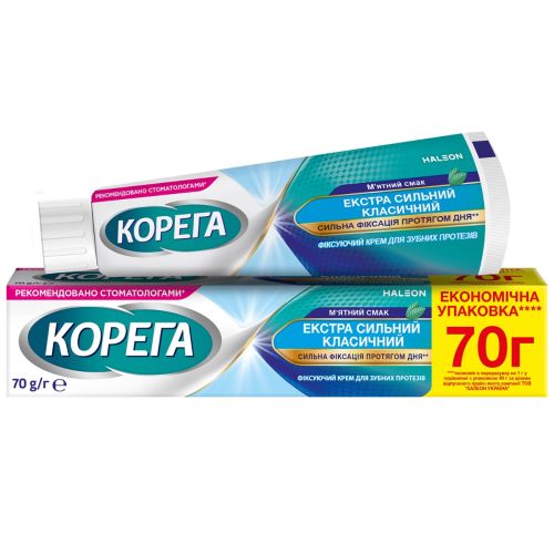 Фіксуючий крем для зубних протезів Корега Екстра Сильний Класичний М'ятний Смак 70 г в місті Сокільники : ціни, характеристика. - фото №1 Фіксуючий крем для зубних протезів Корега Екстра Сильний Класичний М'ятний Смак 70 г в місті Сокільники : ціни, характеристика.