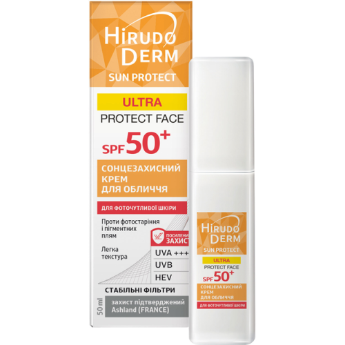 Крем Hirudo Derm (Гирудо Дерм) Sun Protect Ultra Protect Face солнцезащитный для лица SPF50+, 50 мл в городе Вышгород : цены, характеристики.  - фото №1 Крем Hirudo Derm (Гирудо Дерм) Sun Protect Ultra Protect Face солнцезащитный для лица SPF50+, 50 мл в городе Вышгород : цены, характеристики.