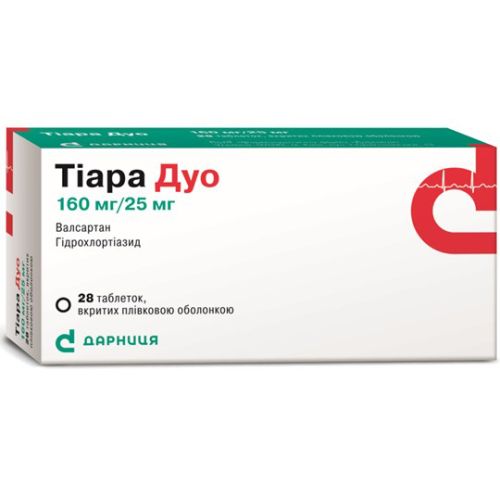 Тіара Дуо 160 мг/25 мг таблетки №28  в місті Крюківщина : ціни, характеристика.  - фото №1 Тіара Дуо 160 мг/25 мг таблетки №28  в місті Крюківщина : ціни, характеристика.