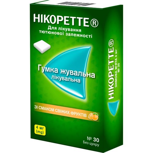 Нікоретте Свіжі фрукти жувальна гумка для лікування тютюнової залежності, по 4 мг 30 шт. в місті Глобине : ціни, характеристика.  - фото №1 Нікоретте Свіжі фрукти жувальна гумка для лікування тютюнової залежності, по 4 мг 30 шт. в місті Глобине : ціни, характеристика.