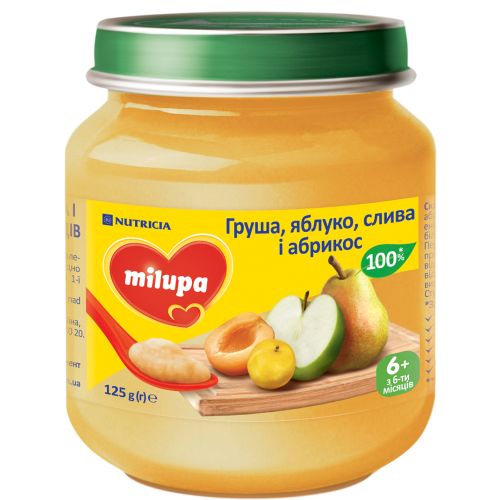 Пюре Milupa Груша, яблуко, слива і абрикос (з 6 місяців) 125 г в місті Глобине : ціни, характеристика.  - фото №1 Пюре Milupa Груша, яблуко, слива і абрикос (з 6 місяців) 125 г в місті Глобине : ціни, характеристика.