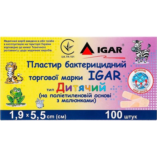 Пластырь бактерицидный IGAR Детский с рисунками 1,9 см х 5,5 см №100 в городе Софиевка : цены, характеристики.  - фото №1 Пластырь бактерицидный IGAR Детский с рисунками 1,9 см х 5,5 см №100 в городе Софиевка : цены, характеристики.